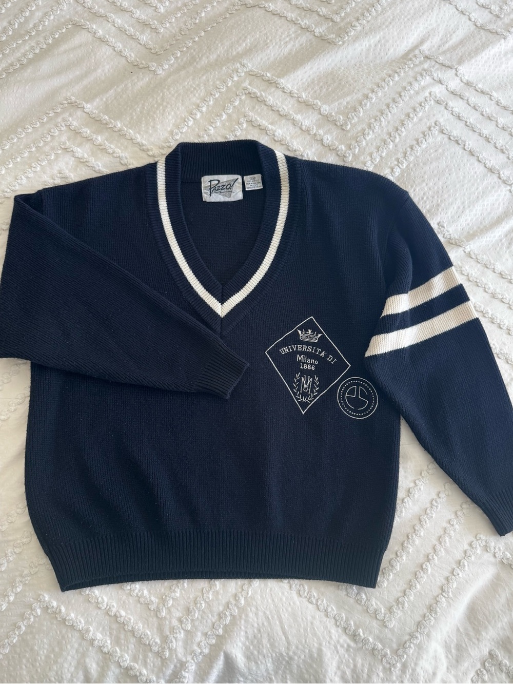 Vintage Universita Di Milano Navy V-Neck Sweater with White Stripe Details